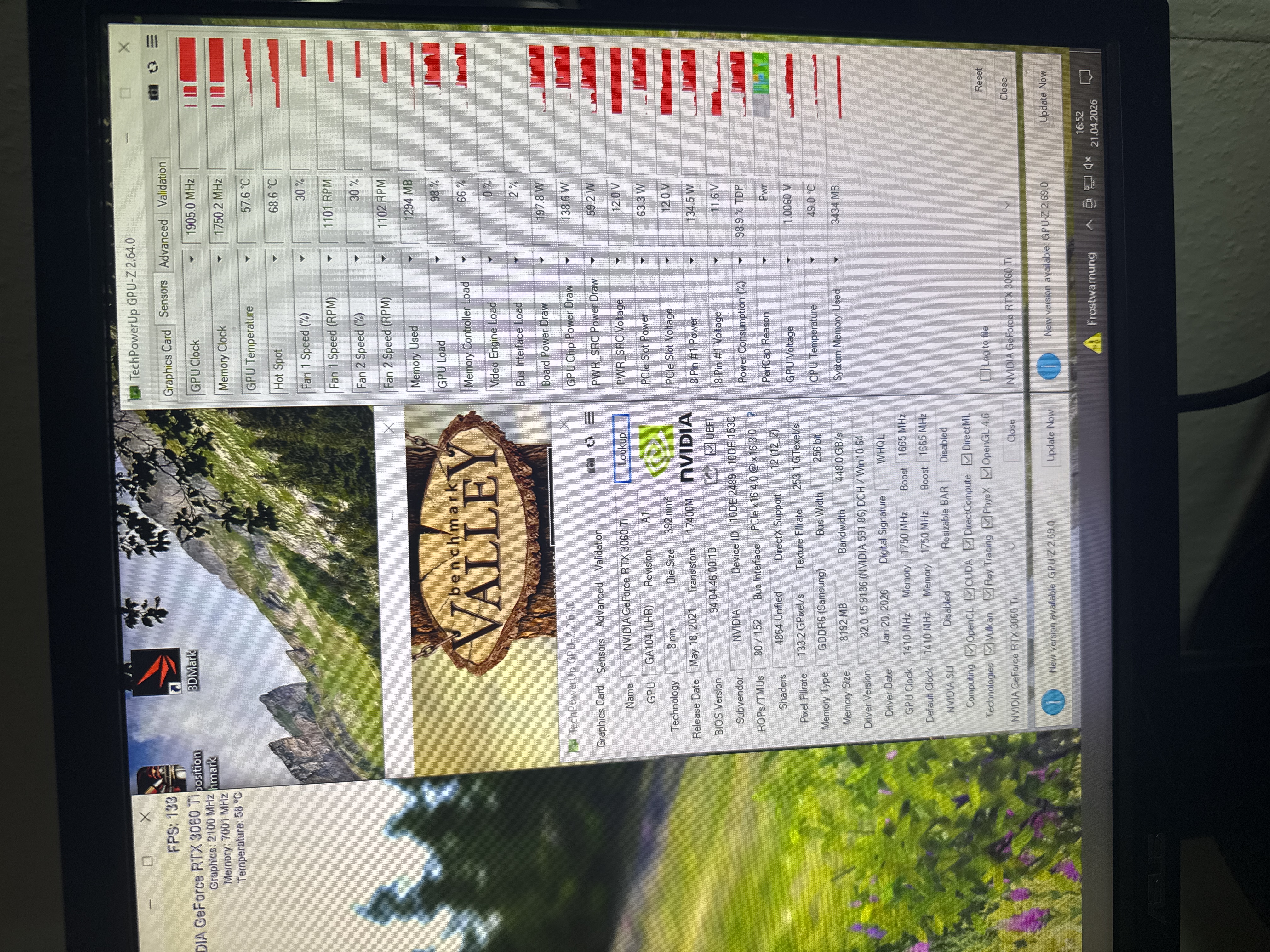 RTX 3060 Ti nach Reparatur – GPU-Z Benchmark mit 133 FPS, alle Werte normal